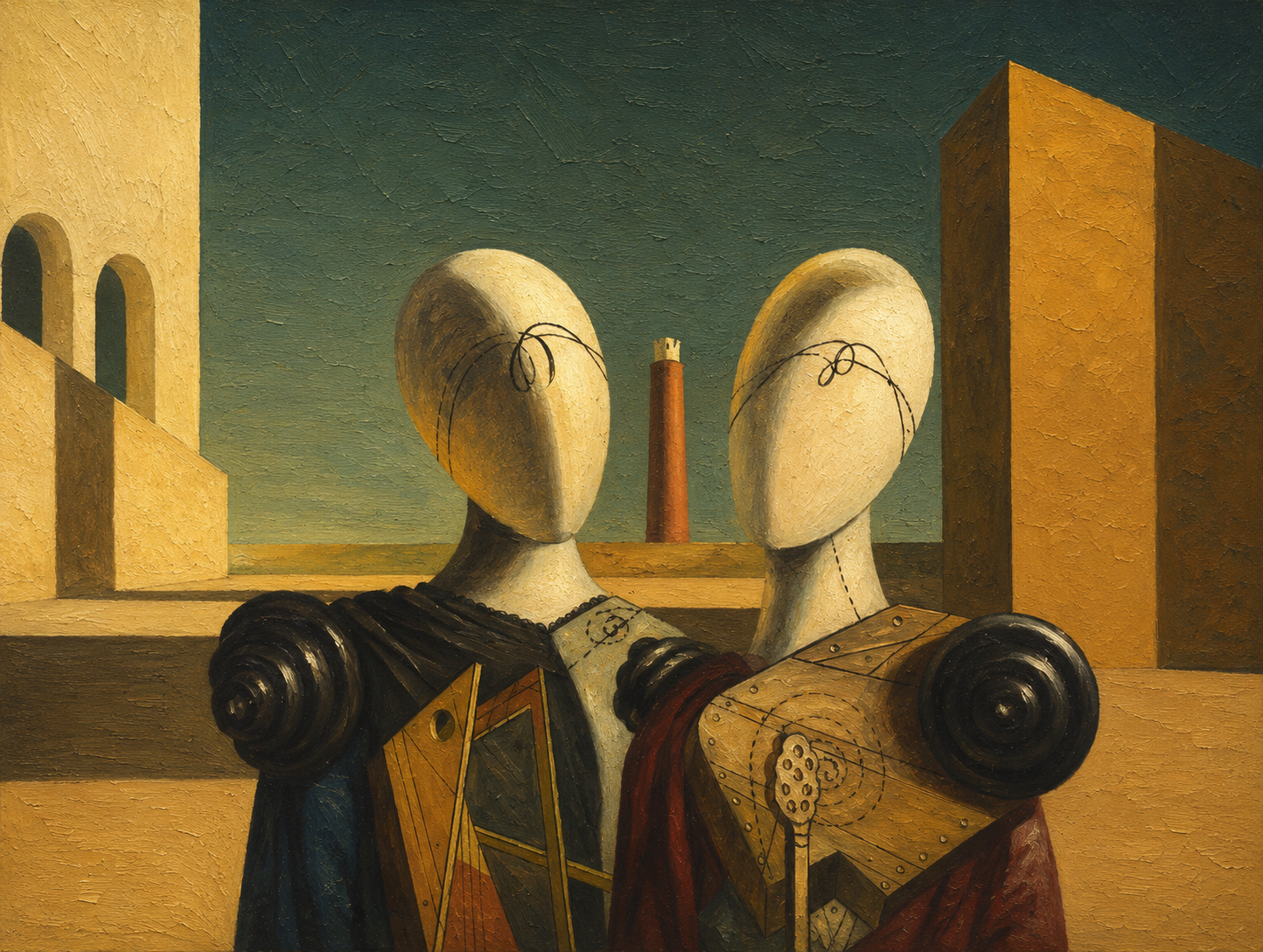 A painterly composition of figures and architecture