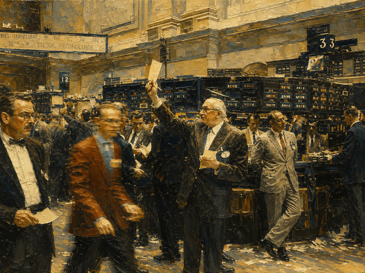 A painting of the Wall Street trading district at golden hour